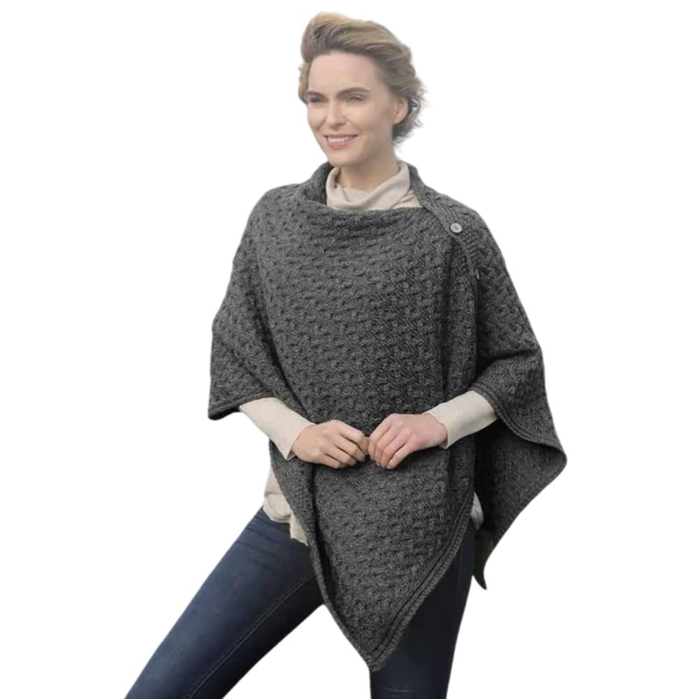 Aran Super Soft Merino Buttoned 3-Ways-to-Wear Cape, Charcoal Colour