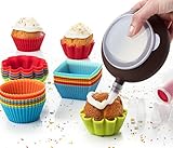 Cupcake Liners Complete Set: Pack of 24 Muffin Cake Molds Silicone Cups + Corer Plunger + Cake Decorating Kit Bag Pen + 5 Icing Tips by Maxi Nature