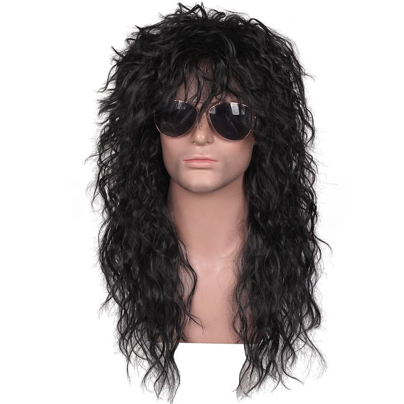 Long Black Curly Rock Star Wig – 70s 80s Heavy Metal Style Costume Wig for Fancy Dress, Concerts, Festivals & Themed Parties