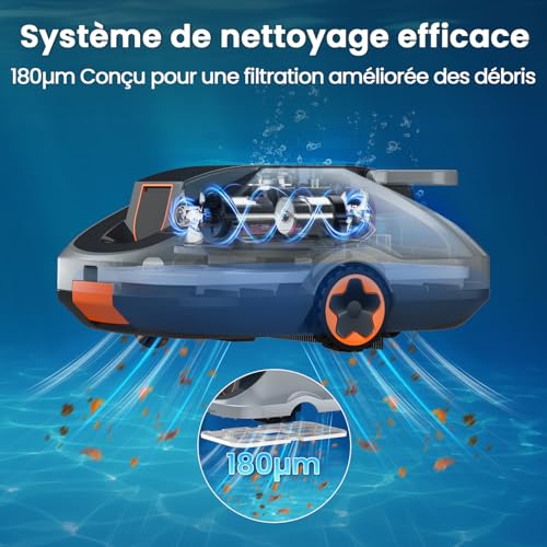 Robot Piscine sans Fil, Robot aspirateur Piscine sans Fil, 200Min d’Autonomie, Retour Automatique, Filtration Ultra-Fine, Navigation Intelligente, Compact et Portable pour Piscines Hors Sol 232 m²