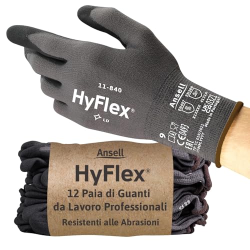 Ansell HyFlex 11-840, Professional Work Gloves, Abrasion Resistant Nitrile Coating with Firm Grip, Multipurpose, Industrial Safety Gloves, Black X-Small, 12 Pairs