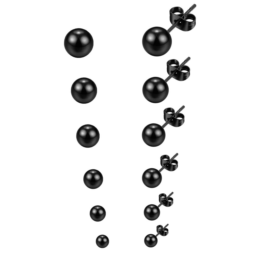 Fu You 6 Pairs Stainless Steel Black Stud Earrings, Men Women Girls, 3-8 mm Diameter, Hypoallergenic