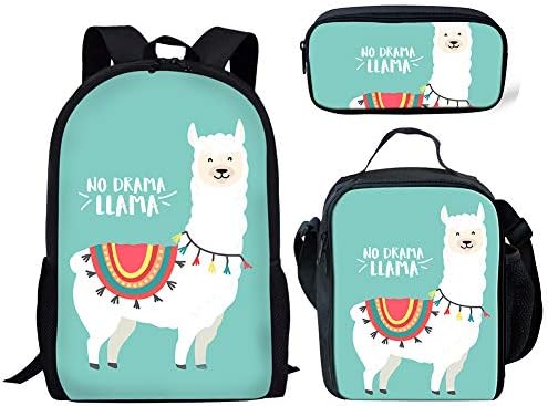 Kids Blue Polyester Backpack with Pencil & Lunch Bags Llama Printing 3 Pcs