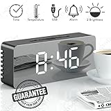 LED Mirror Display Alarm Clock, Dimmer, Time, Temperature, USB (Black)