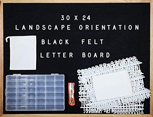 Black Felt Letter Board 30 X 24 Landscape Orientation with 1384 -Piece Set of Large 2" and 1” Plus 3/4” Letters, Numbers, Symbols & Emojis, 36 Slot Organizer, Cutters, 2 Letter Pouches, Menu Board