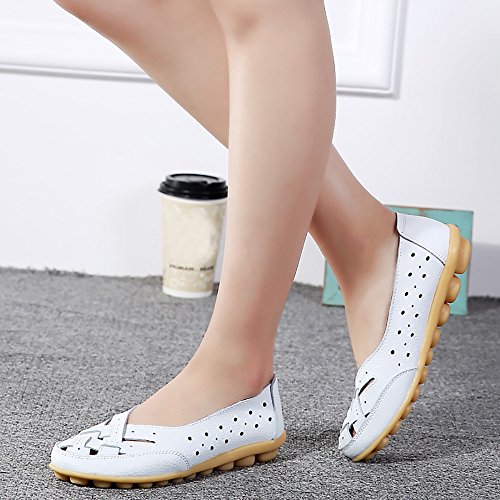 Kauneus Women's Cowhide Leather Shoes Loafers Flats Sandals Slip-On Cutout White - Thumbnail 5