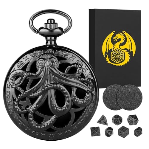 Mini DND Dice Set With Steampunk Hollow Octopus Pocket Watch Shell Case, 7pcs Polyhedral Metal Dice Set, D&D Gifts With Gift Box, Role Playing Board Games Accessories, Black