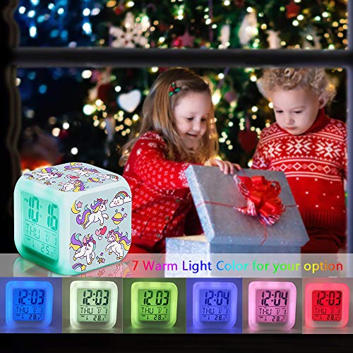 TCJJ Einhorn Wecker für Mädchen,Wecker Digital mit LED Nachtlicht Beleuchteter Anzeige Zeit Datum Temperatur Anzeige Einhorn Muster (Grün)