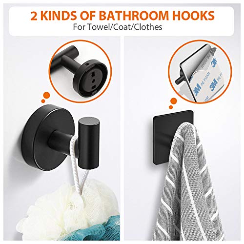Tudoccy 5-Pieces Matte Black Bathroom Hardware Set SUS304 Stainless Steel Round Wall Mounted - Includes 14" Hand Towel Bar, Toilet Paper Holder, 3 Robe Towel Hooks,Bathroom Accessories Kit - Thumbnail 3