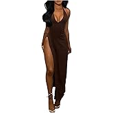SOLY HUX Women's Halter Maxi Dress Sexy Deep V Neck High Split Backless Sleeveless Bodycon Cocktail Party Long Dresses