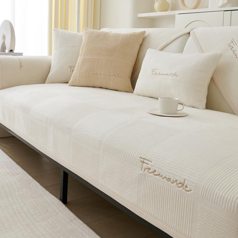 Soft Milk Fleece Sofa Covers Washable - New Sofa Cushion Covers, Non-Slip Sofa Cover 1 2 3 Seater Couch Covers for Sectional Sofa, Sofa Slipcovers L Shape Furniture Protector (Beige White, 90x180cm)