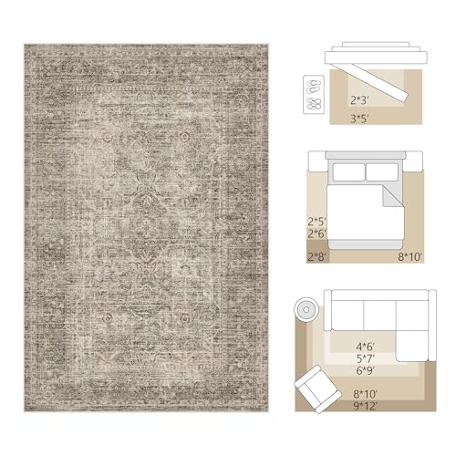Fmfunctex 8x10 Washable Area Rug Taupe Vintage Neutral Distressed Large Non Slip Carpet for Living Room Bedroom Soft Low Pile Indoor Retro Tapis Salon Throw Rug for Dining Room Kitchen Office Nursery