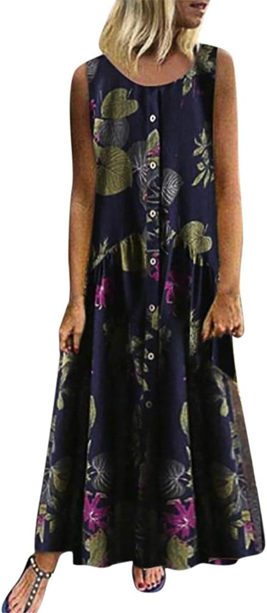 Kelry Womens Casual Loose Sleeveless Sundress O-Neck A-line Beach Summer Swing Tank Tunic Dress Plus Size Vintage Floral Printed Long Maxi Cotton Linen Dresses (S-5XL)