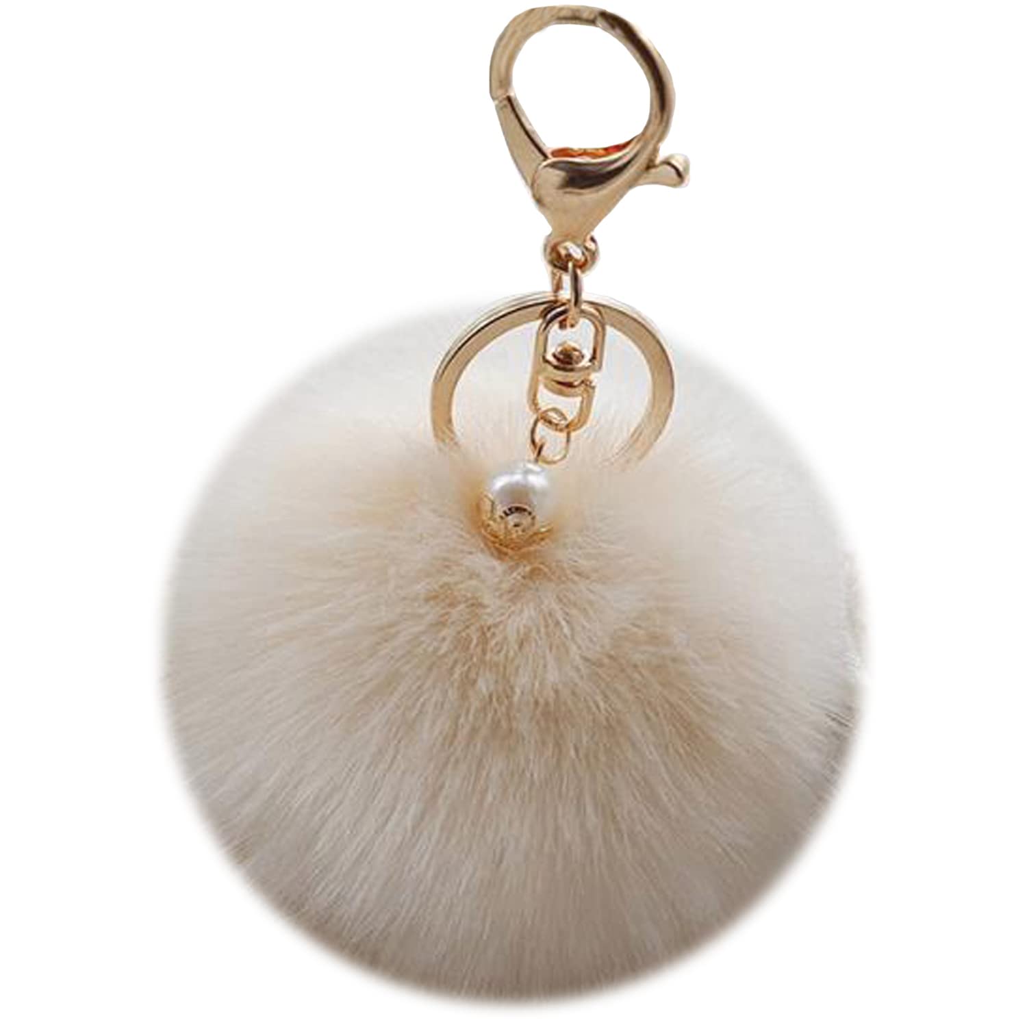 Shining crown Pom Pom KeyChain Fluffy Fur Ball Pearl Keyring Pendant Accessory Charm for Women Handbag Car Key with Giftbox,Milk White