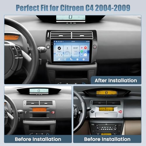 4G+64G Android 15 Car Radio for Citroen C4 2004-2009 Wireless Carplay Android Auto Roinvou, 9'' Incell Touch Screen Radio with Mirror Link GPS Bluetooth FM RDS WiFi EQ SWC Backup Camera