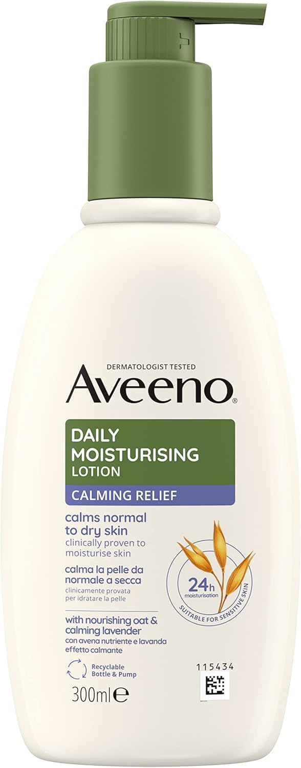 Aveeno Daily Moisturising Lotion Calming Relief (1x 300ml), Soothing Body Lotion with Nourishing Oat and Calming Lavender Scent, Gentle Body Moisturiser, Calms Normal to Dry, Sensitive Skin