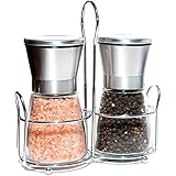 Salt and Pepper Grinder Set Stainless Steel Glass Mill with Matching Stand - Top Spice Ceramic Grinder - Adjustable From Fine to Coarse