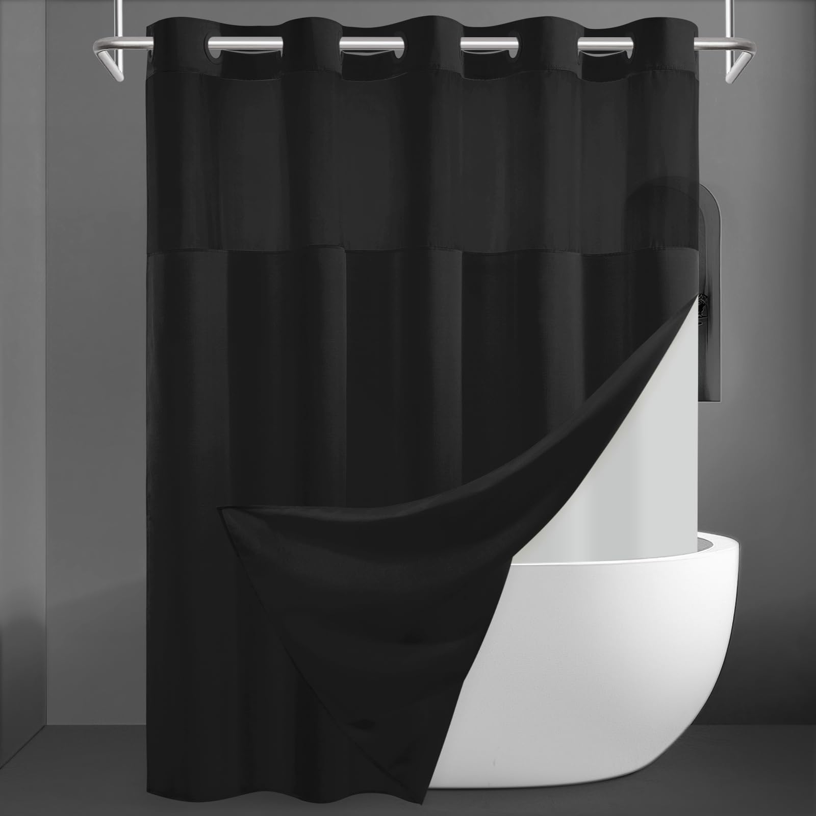 Photo 1 of SORTTO No Hook Slub Textured Shower Curtain with Snap in Liner - Black Fabric Outer Curtain & Waterproof Inner Liner, Hotel Style with See Through Top Window, 71x74 in