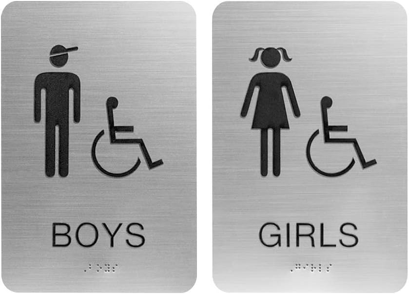 Boys & Girls ADA Restroom (Bathroom) Sign w/Braille Silver