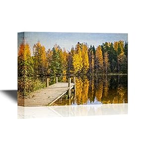 Forest Canvas Wall Art - Autumn Lake View with a Pier - Gallery Wrap Modern Home Art | Ready to Hang - 12x18 inches