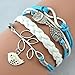 Blue Multilayer Owl Leaves and Infinite Charms Handmade White Leather Bracelets with Bird Wrap Braid Bangle For Women
