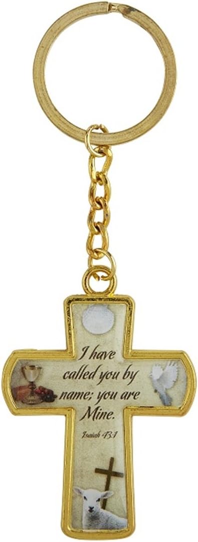 FooecorCross Key Chains Gold Tone Catholic RCIA Isaiah 43:1 Religious, 4 3/8 Inch