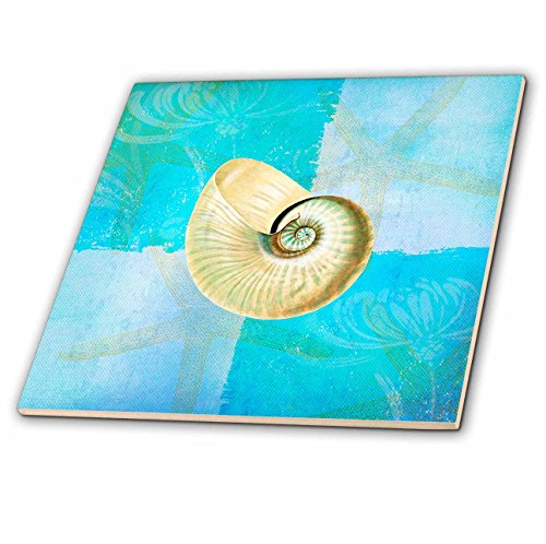 3dRose ct_79349_1 White Shell with Starfish Aqua and Blue Beach Theme Ceramic Tile, 4-Inch