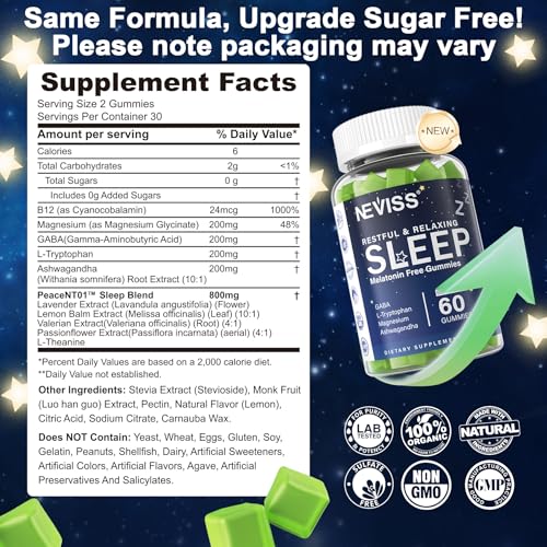 NEVISS Melatonin Free Sleep Aid Gummies for Adults - Magnesium Glycinate Gummies | GABA, L-Tryptophan, Magnesium, Ashwagandha - Non-Habit Forming, Help for Deep Relaxation - Vegan, Lemon Flavor, 2Pack