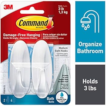 Command Designer Bath Hooks, Medium, White, 2-Hooks with Water-Resistant Strips (17081B-ES)
