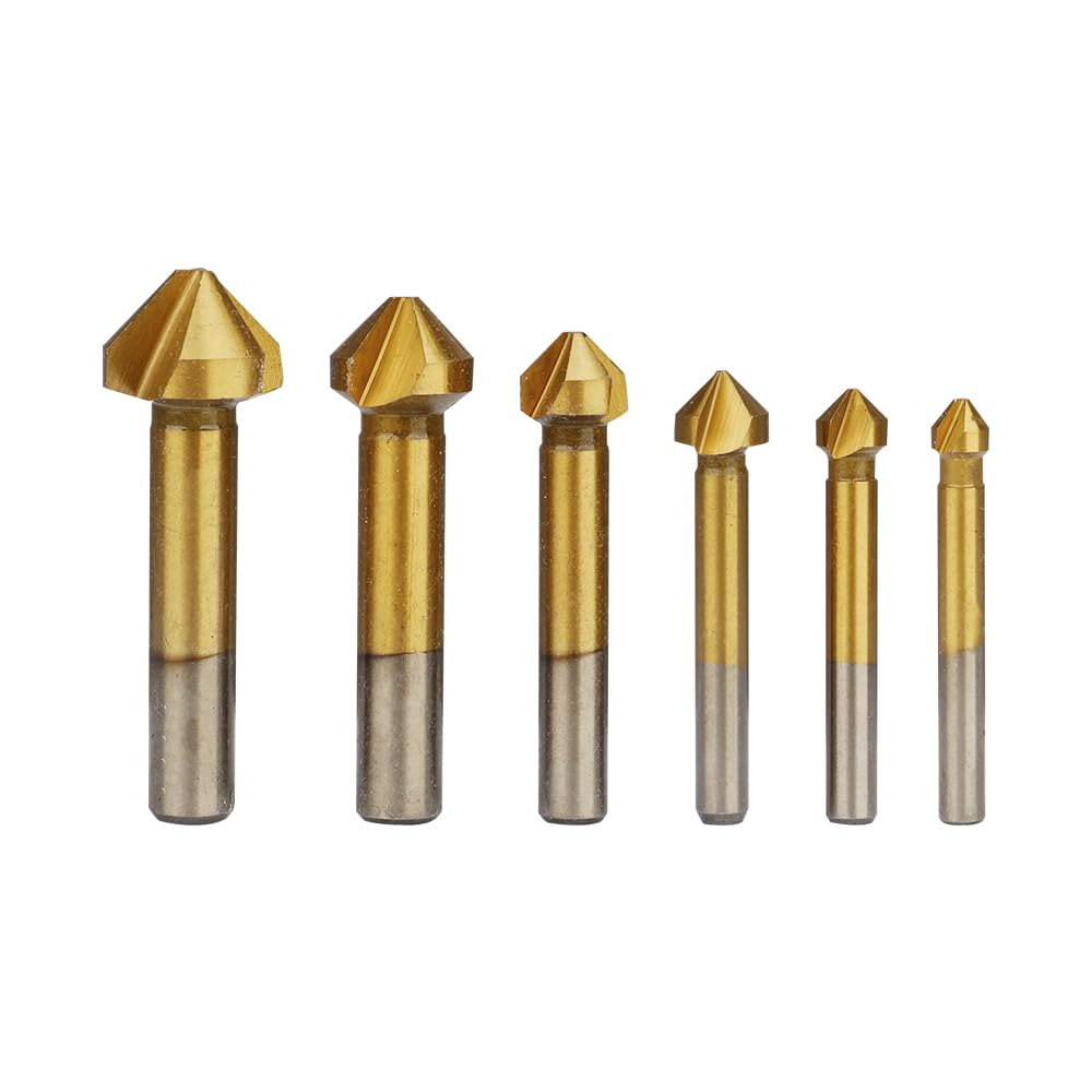 Hoteche 6-Piece Set Countersink Set HSS Titanium Coated with 3 Cutting Blades for Metal and Wood with Diameters 6.3 mm - 20.5 mm and Shaft Diameter 5 mm - 10 mm Ideal for Precise Countersunk Drill