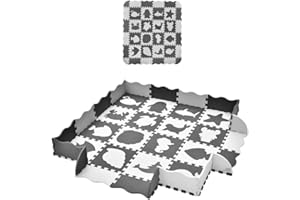 FUN LITTLE TOYS 36PCS Foam Play Mats for Baby, Soft Foldable Interlocking Foam Floor Tiles Puzzle Mat with Fence for Kids Toddlers Childrens Playpen Playroom Crawling 56 x 56 Grey
