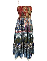 Mogul Womens Maxi Dress Spaghetti Strap Patchwork Printed Smocked Bodice Holiday Sundress (Blue)