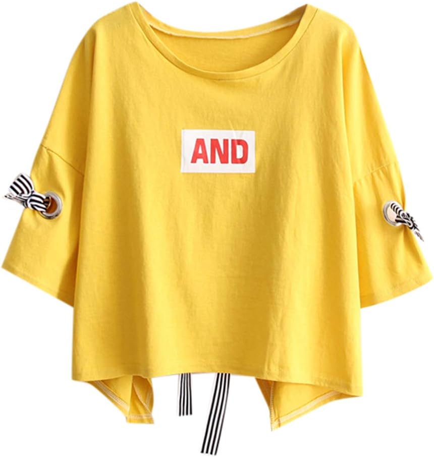 Toaimy Women Half Sleeve Bandage O-Neck Letter Printed Pullover Loose Shirt Top Casual Blouse