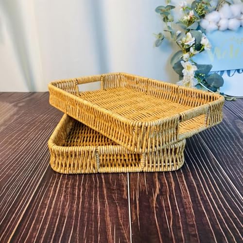 Rectangle Rattan Serving Trays with Handles, Decorative Woven Wicker Organizer Baskets Storage Tray for Coffee Table, Bread, Fruit, Snacks 2 Pack
