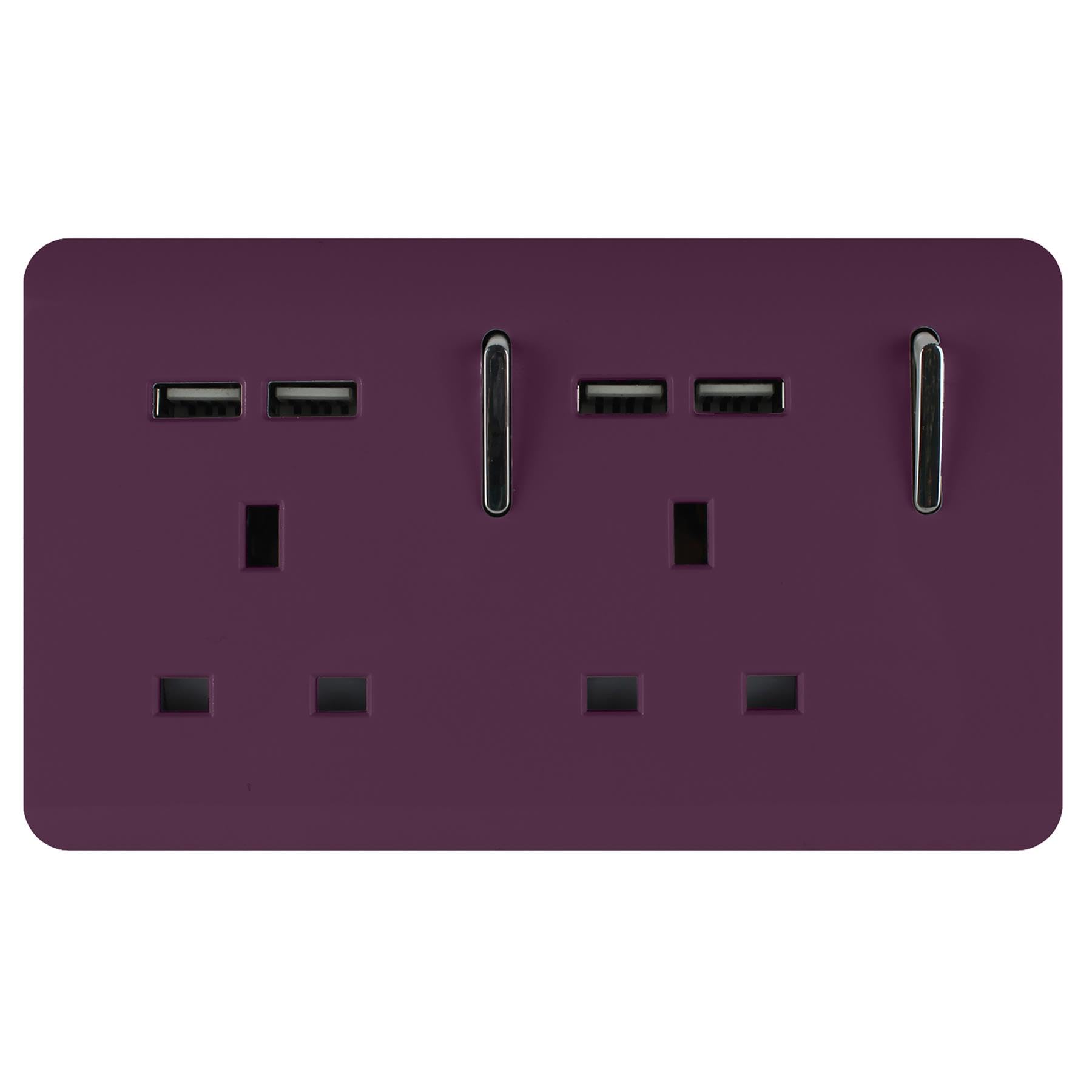 Trendi 2 Gang Artistic Modern Glossy Screwless Raised 13 Amp 240v Short 4 USB Type A Charging Points Double Chrome Switched Electrical Wall Plug Socket Plum Purple - ART-SKT213USBPL