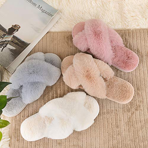 Women's Cross Band Slippers Fuzzy Soft House Slippers Plush Furry Warm