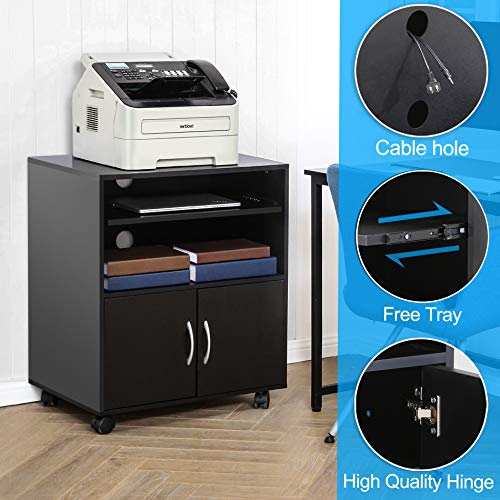 FITUEYES Printer Stand with Keyboard Tray on Wheels Black Mobile Wood