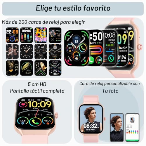 Smart Watch Men Women, 1.96 Inch Smartwatch Calls Bluetooth, Pedometer/Heart Rate Monitor/Sleep Monitor/SpO2, Waterproof IP68, Smart Watch Android iOS Pink, Sports Watch 112+ Sports Modes