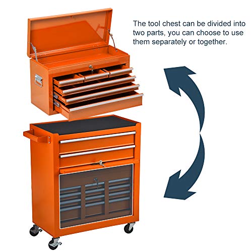 8-Drawer Rolling Tool Box, Rolling Tool Chest with Drawers and Wheels, Tool Storage Cabinet with 4 Swivel Wheels (2Pcs with Brake), Keyed Locking System Tool Organizer (Orange)