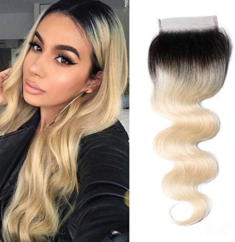 Nadula Brazilian Hair Ombre Blonde Lace Closure Remy Human Hair Brazilian Body Wave Hair 44 Free Part Swiss Lace 1B/613# 2 Tone Ombre Blonde Closure (16" T1b/613#)
