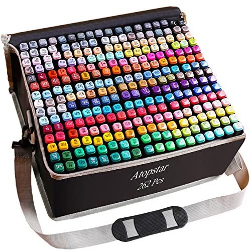 ATOPSTAR 262 Colors Alcohol Markers for Artist Drawing - Dual Tip Art Markers for Adult Coloring Painting Supplies (262 Black Shell)