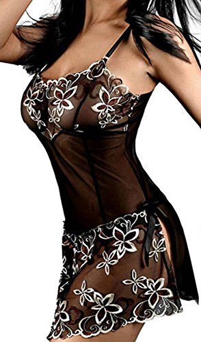 IWISHME Womens See Through Double-sided Embroidery Sexy Lingerie Set (5XL, Black)