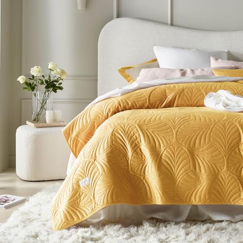 ROOM99 Feel Elegant Modern Bedspread 170 x 210 cm Double Quilted Ideal as Sofa Throw or Velvet Mustard Bedspread