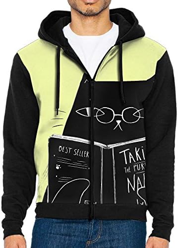 Cute Cat Read Book Men's Adult Casual Pocket Hooded Sweater Zipper Hoodie Long Sleeve Sweatshirt Jacket