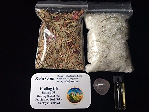 Healing Kit: Herbs, Essential Oil, Amethyst Crystal, Bath Salts; Wicca, Reiki