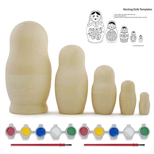 5.75" Set of 5 Unpainted Blank Wooden Russian Nesting Dolls with Paints & Template