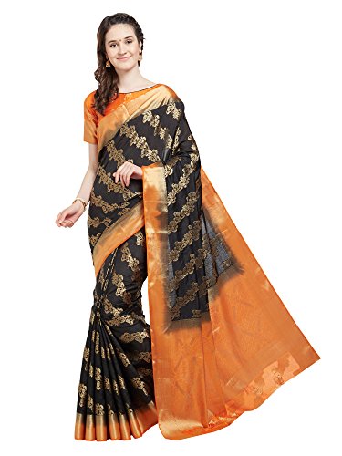 Viva N Diva Saree for Women s Black & Orange Banarasi Art Silk Saree with Un-Stiched Blouse Piece,Free Size