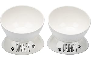 Prefurred Pet Elevated Cat Food Bowl Set (Dinner & Drinks Cat Dish) Two Elevated Cat Bowls, Cat Dishes for Food and Water. Porcelain Raised Cat Bowl, Small Pet Dog Bowl. Wide Tilted Cat Food Bowls.