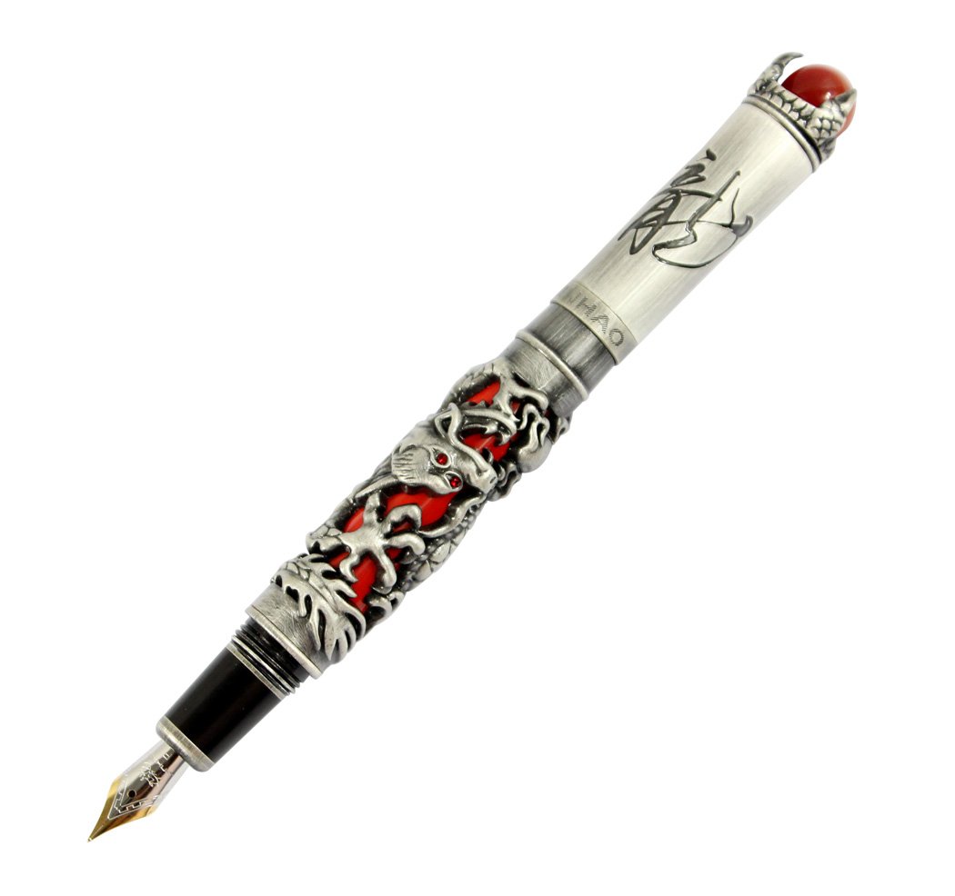 Gullor JinHao Antique Silver Dragon Style 3D Carved Fountain Pen With Red Pearl, Medium Nib, Black&Red