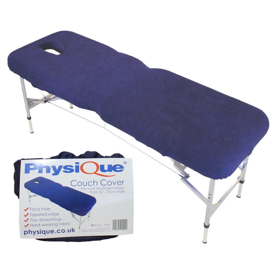 PHYSIQUE Premium Massage Table Couch Cover with Face Hole and Ties – Thick Comfortable Protective Fitted Terry-Towel Bed Sheet for Spa, Salon & Therapy Tables, Washable Fabric, Blue